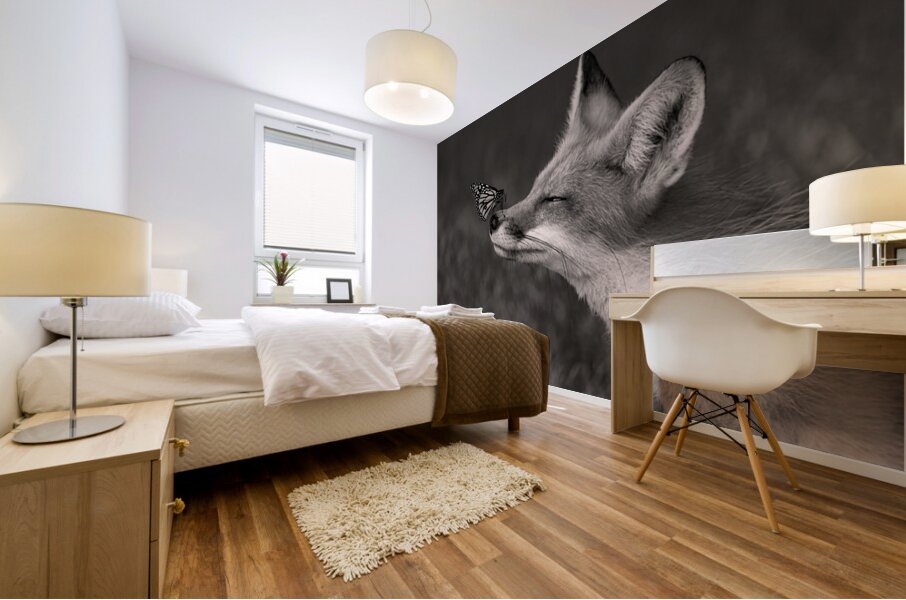 Red Fox with Butterfly BW Mural print